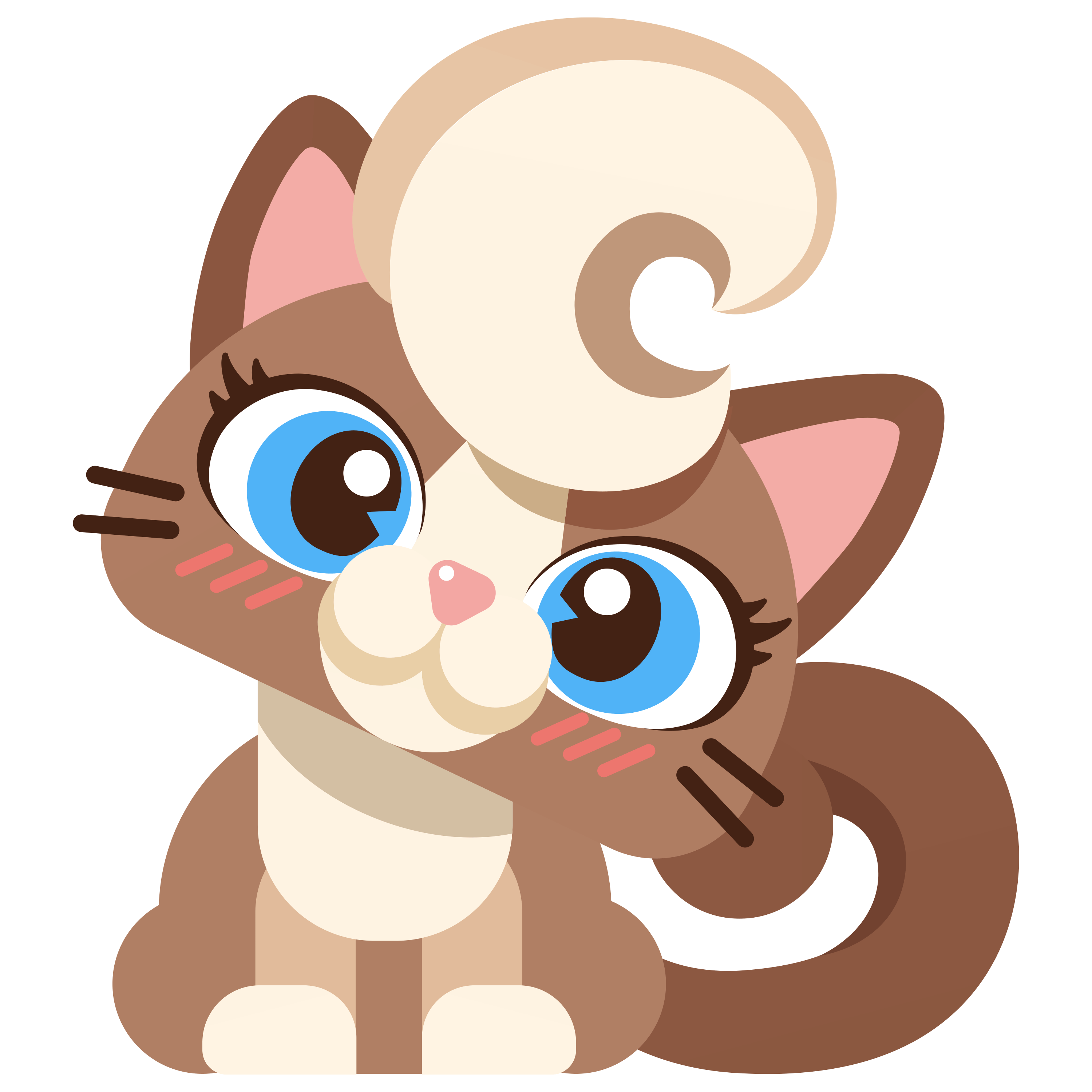首をかしげる、青い瞳とクリーム色の巻き毛が特徴の猫キャラクター・Iris