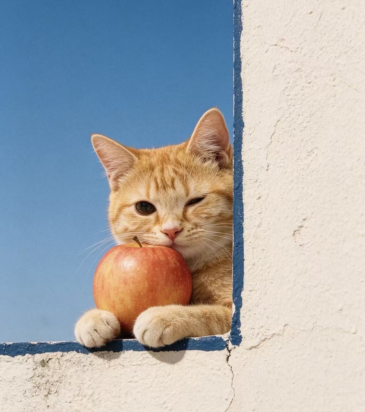 青い窓枠から顔をのぞかせ、りんごを抱える茶トラの猫